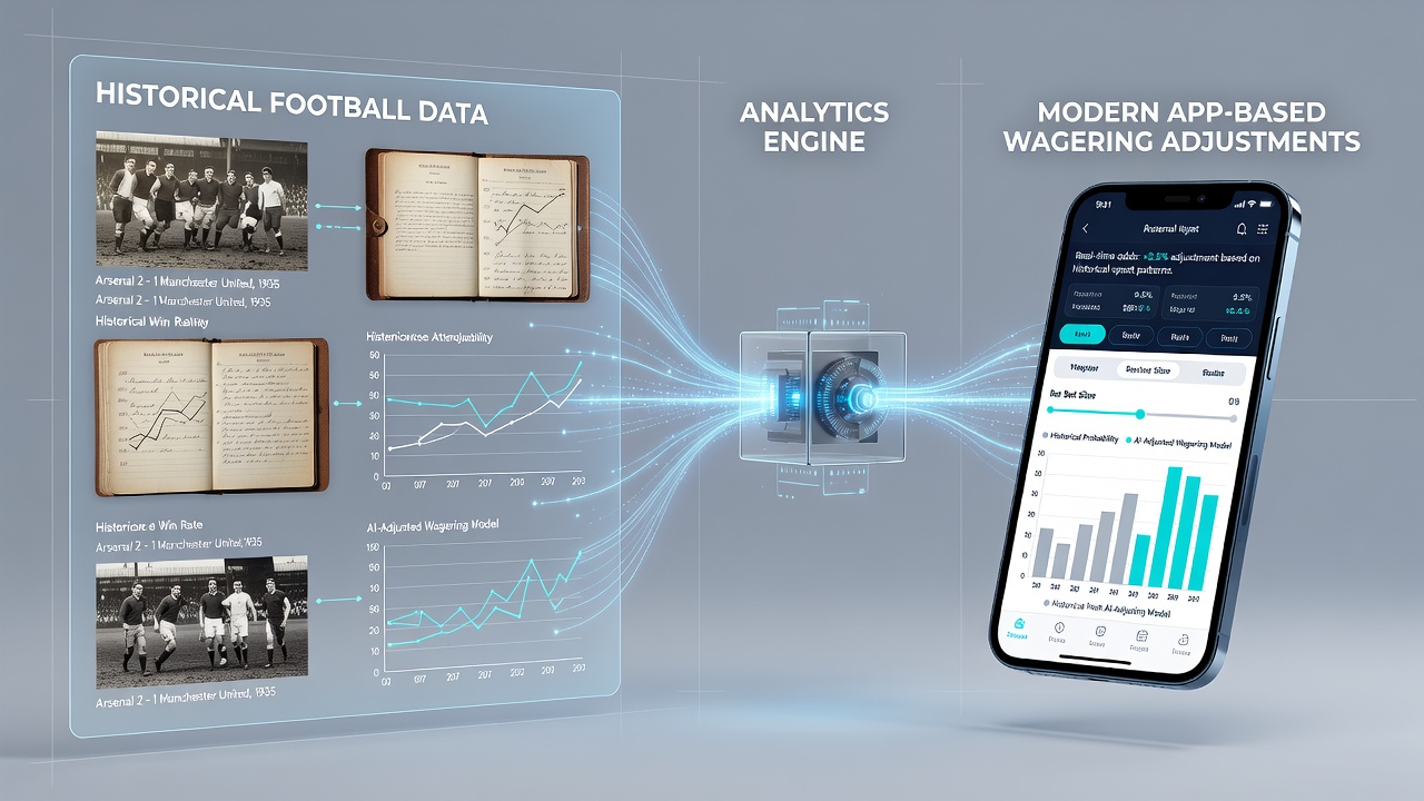 Mobile phone screen displaying a football betting app with historical data overlays and live odds updates